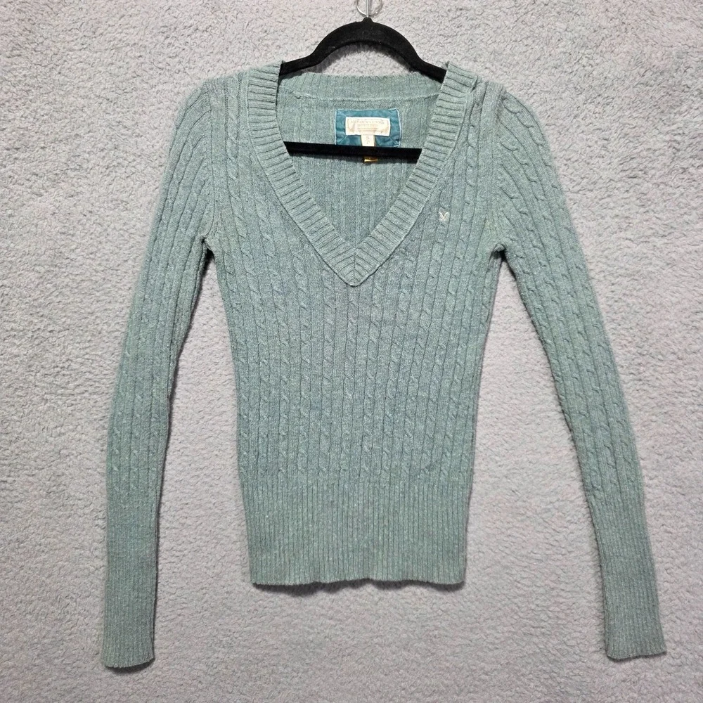 American Eagle Vintage Y2K Cable Knit Wool Blend V Neck Green Sweater‎ Small 90s